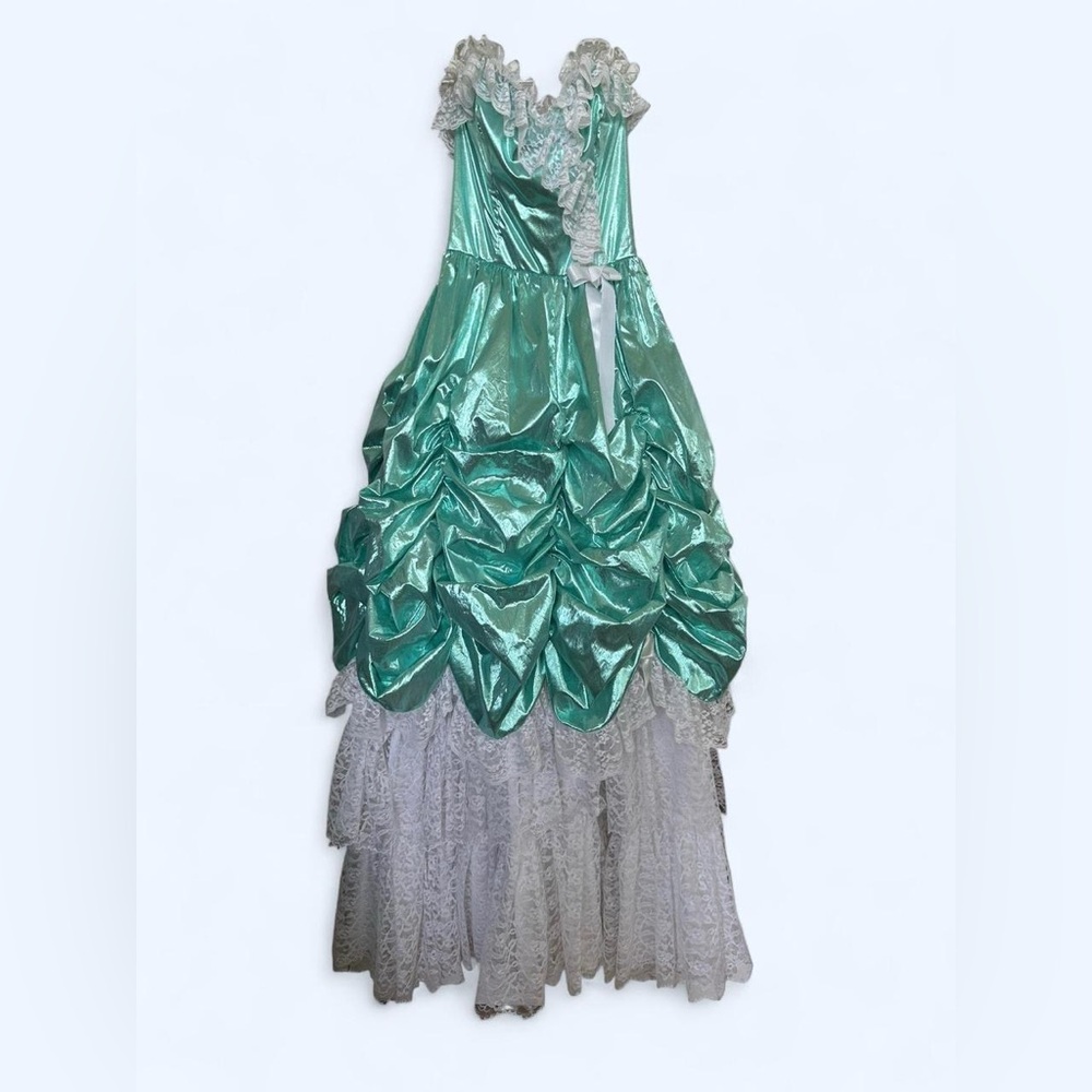 Vintage 1980s Metallic Teal and White Lace Southern Belle Ball Gown Prom Dress